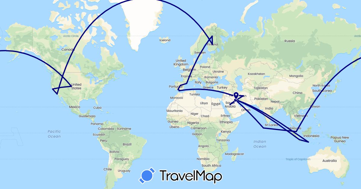 TravelMap itinerary: driving in Spain, Finland, Indonesia, Iraq, Iran, Kuwait, Maldives, Saudi Arabia, Singapore, United States (Asia, Europe, North America)